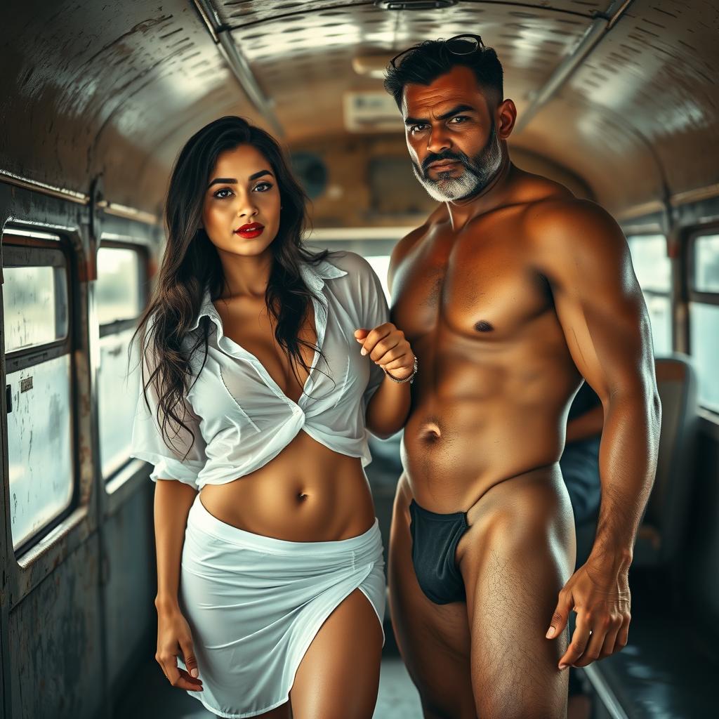 A full-length intimate photo shoot featuring a stunning 23-year-old Arab woman in a transparent white wet shirt and a microskirt, highlighting her sexy boobs, hot navel, and seductive thighs