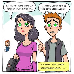 A storyboard scene featuring two characters standing together in a light-hearted yet dramatic setting