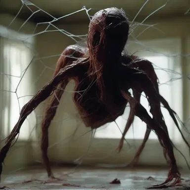 The horror movie depicted a terrifying scene where a character gets trapped in an adhesive web of the monstrous creature.
