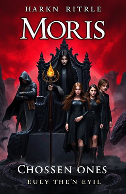 A dark book cover featuring Moris, a beautiful and evil ruler with long black hair, sitting on an obsidian throne with reddish cracks