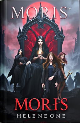 A dark book cover featuring Moris, a beautiful and evil ruler with long black hair, sitting on an obsidian throne with reddish cracks