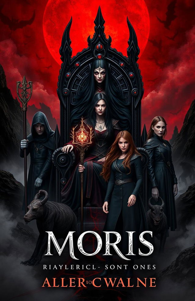 A dark book cover featuring Moris, a beautiful and evil ruler with long black hair, sitting on an obsidian throne with reddish cracks