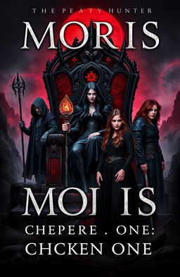A dark book cover featuring Moris, a beautiful and evil ruler with long black hair, sitting on an obsidian throne with reddish cracks