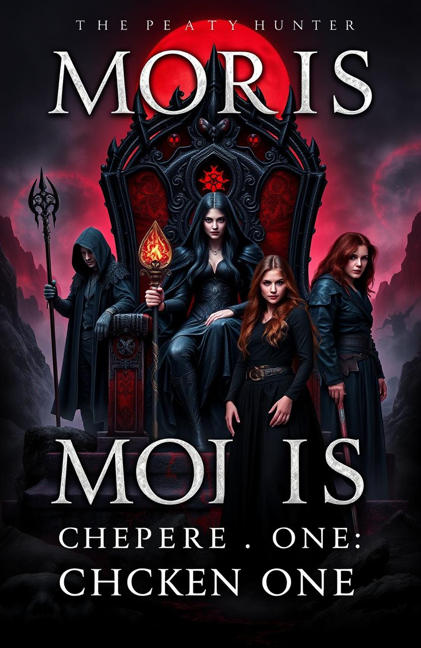 A dark book cover featuring Moris, a beautiful and evil ruler with long black hair, sitting on an obsidian throne with reddish cracks