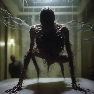 The horror movie depicted a terrifying scene where a character gets trapped in an adhesive web of the monstrous creature.