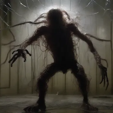 The horror movie depicted a terrifying scene where a character gets trapped in an adhesive web of the monstrous creature.
