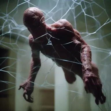 The horror movie depicted a terrifying scene where a character gets trapped in an adhesive web of the monstrous creature.