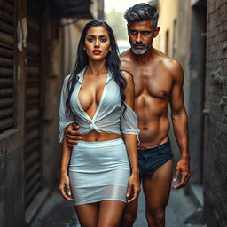 A full-length intimate photo shoot featuring a stunning 23-year-old Arab woman in a transparent white wet shirt and a microskirt, showcasing her sexy boobs, hot navel, and seductive thighs