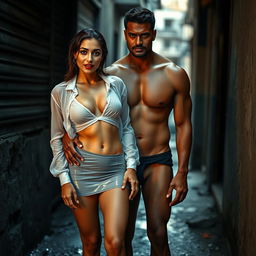 A full-length intimate photo shoot featuring a stunning 23-year-old Arab woman in a transparent white wet shirt and a microskirt, showcasing her sexy boobs, hot navel, and seductive thighs