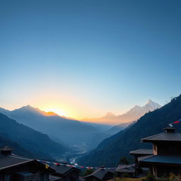 A breathtaking view of the Himalayas in Nepal during sunrise, showcasing majestic snow-capped peaks, lush green valleys, and a serene blue sky