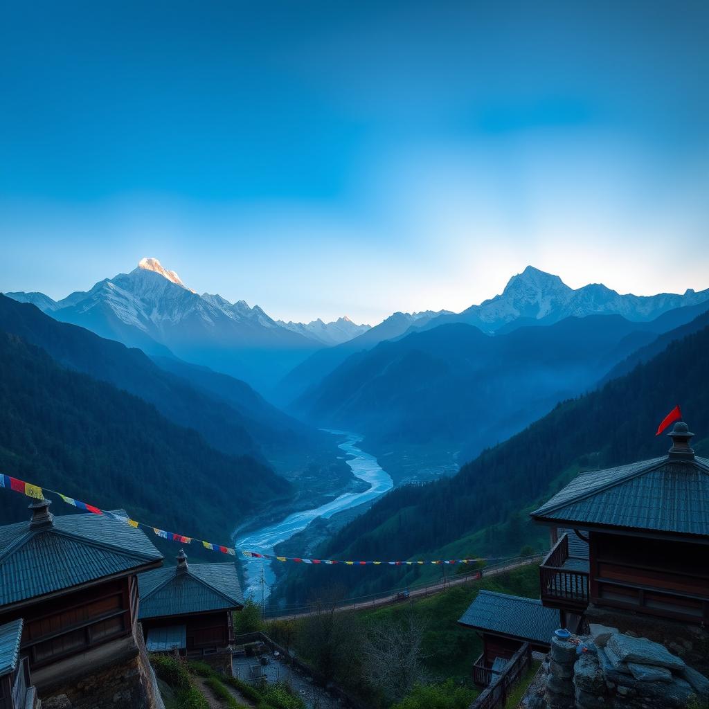 A breathtaking view of the Himalayas in Nepal during sunrise, showcasing majestic snow-capped peaks, lush green valleys, and a serene blue sky