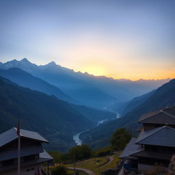 A breathtaking view of the Himalayas in Nepal during sunrise, showcasing majestic snow-capped peaks, lush green valleys, and a serene blue sky