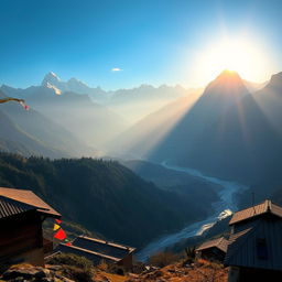 A breathtaking view of the Himalayas in Nepal during sunrise, showcasing majestic snow-capped peaks, lush green valleys, and a serene blue sky