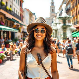 A person wearing a stylish, modern outfit standing in a vibrant city square filled with colorful outdoor cafes and bustling pedestrians