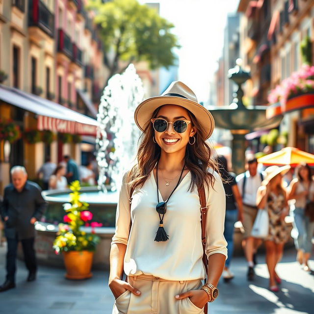 A person wearing a stylish, modern outfit standing in a vibrant city square filled with colorful outdoor cafes and bustling pedestrians