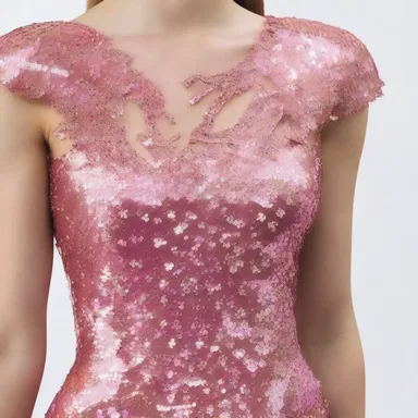 The designer used adhesive to attach the sequins onto the dress.