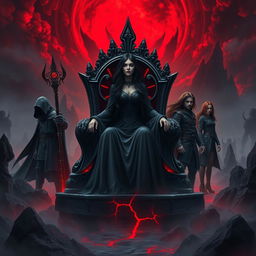 A dark book cover featuring Moris, a beautiful and evil ruler with long black hair, seated on an obsidian throne with striking reddish cracks