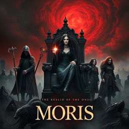 A dark book cover featuring Moris, a beautiful and evil ruler with long black hair, seated on an obsidian throne with striking reddish cracks