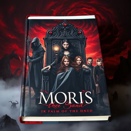 A dark book cover featuring Moris, a beautiful and evil ruler with long black hair, seated on an obsidian throne with striking reddish cracks