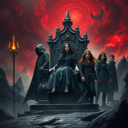 A dark book cover featuring Moris, a beautiful and evil ruler with long black hair, seated on an obsidian throne with striking reddish cracks