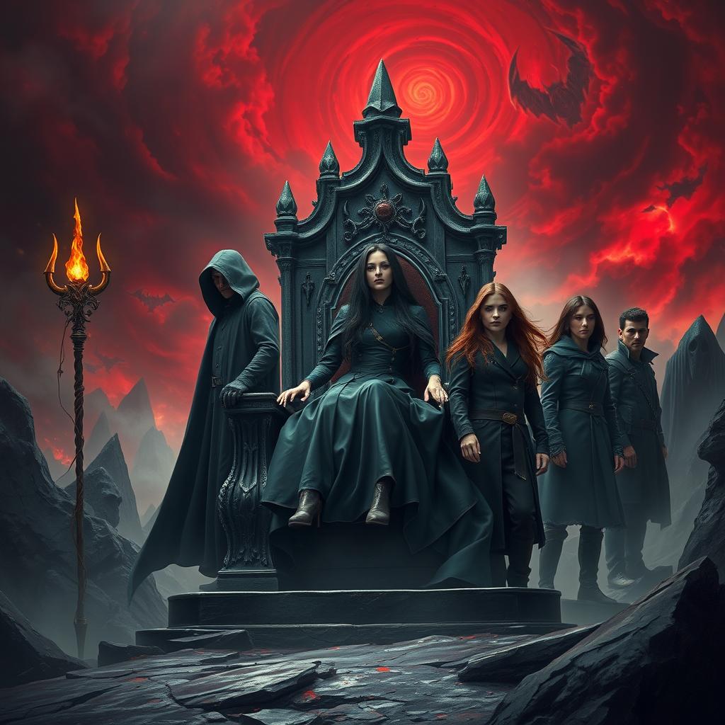 A dark book cover featuring Moris, a beautiful and evil ruler with long black hair, seated on an obsidian throne with striking reddish cracks