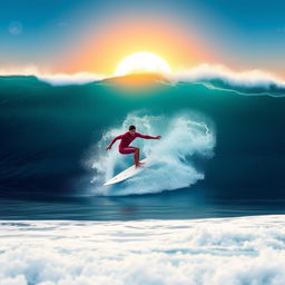 A dynamic scene of a surfer skillfully riding a massive wave, showcasing the power and beauty of action sports