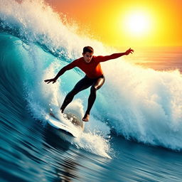 A dynamic scene of a surfer skillfully riding a massive wave, showcasing the power and beauty of action sports