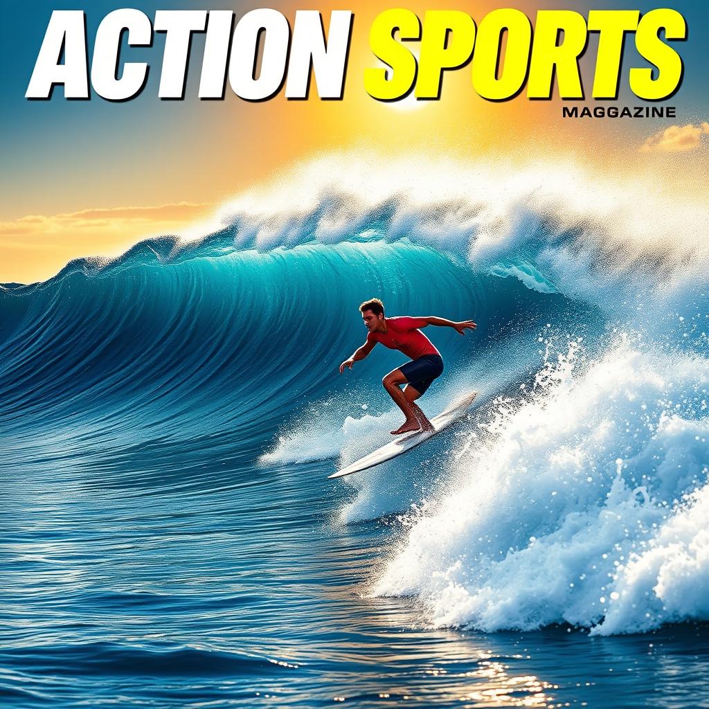 A dynamic scene of a surfer skillfully riding a massive wave, showcasing the power and beauty of action sports