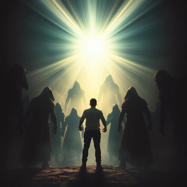 A courageous individual standing tall in the midst of a challenging and threatening situation, surrounded by ominous shadows of menacing figures