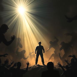 A courageous individual standing tall in the midst of a challenging and threatening situation, surrounded by ominous shadows of menacing figures