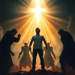 A courageous individual standing tall in the midst of a challenging and threatening situation, surrounded by ominous shadows of menacing figures