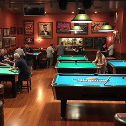 A vibrant billiard café scene with several pool tables and customers actively playing