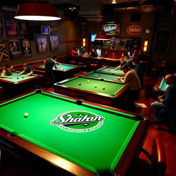 A vibrant billiard café scene with several pool tables and customers actively playing