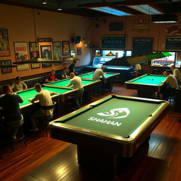 A vibrant billiard café scene with several pool tables and customers actively playing