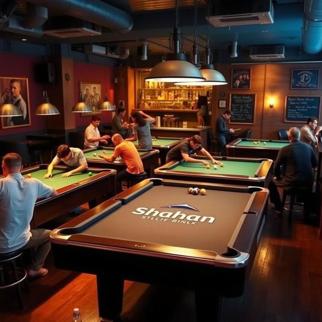 A vibrant billiard café scene with several pool tables and customers actively playing