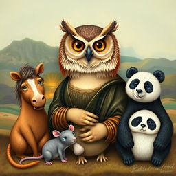 A whimsical and imaginative representation featuring an owl with the facial features of the Mona Lisa, blending classical art with nature