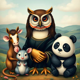 A whimsical and imaginative representation featuring an owl with the facial features of the Mona Lisa, blending classical art with nature