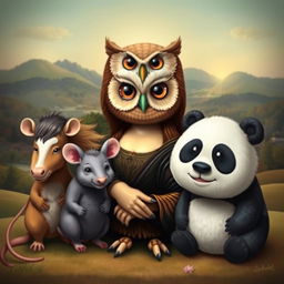 A whimsical and imaginative representation featuring an owl with the facial features of the Mona Lisa, blending classical art with nature