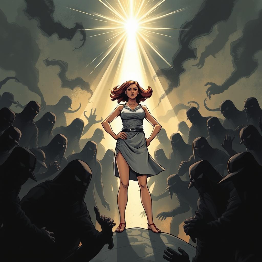 A strong and courageous woman standing tall in the midst of a challenging and threatening environment, surrounded by shadowy figures that appear menacing