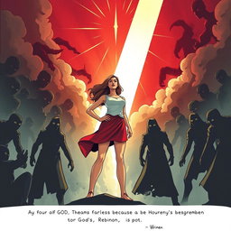 A strong and courageous woman standing tall in the midst of a challenging and threatening environment, surrounded by shadowy figures that appear menacing