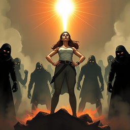 A strong and courageous woman standing tall in the midst of a challenging and threatening environment, surrounded by shadowy figures that appear menacing