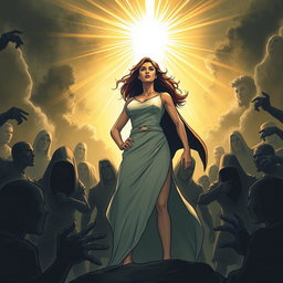 A strong and courageous woman standing tall in the midst of a challenging and threatening environment, surrounded by shadowy figures that appear menacing