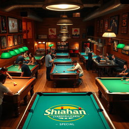 A vibrant billiard café scene featuring several pool tables and customers engaged in lively games