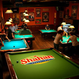 A vibrant billiard café scene featuring several pool tables and customers engaged in lively games