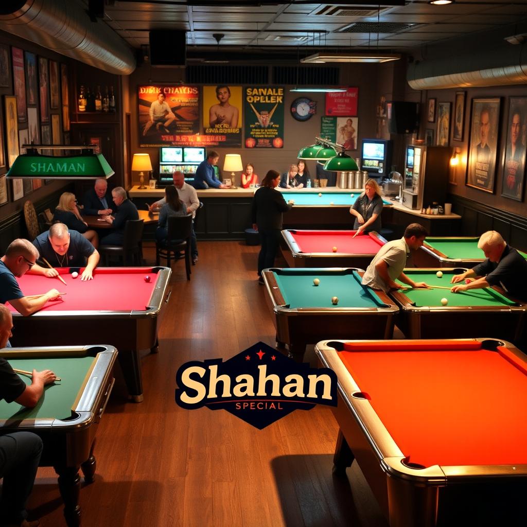 A vibrant billiard café scene featuring several pool tables and customers engaged in lively games