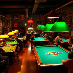 A vibrant billiard café scene featuring several pool tables and customers engaged in lively games