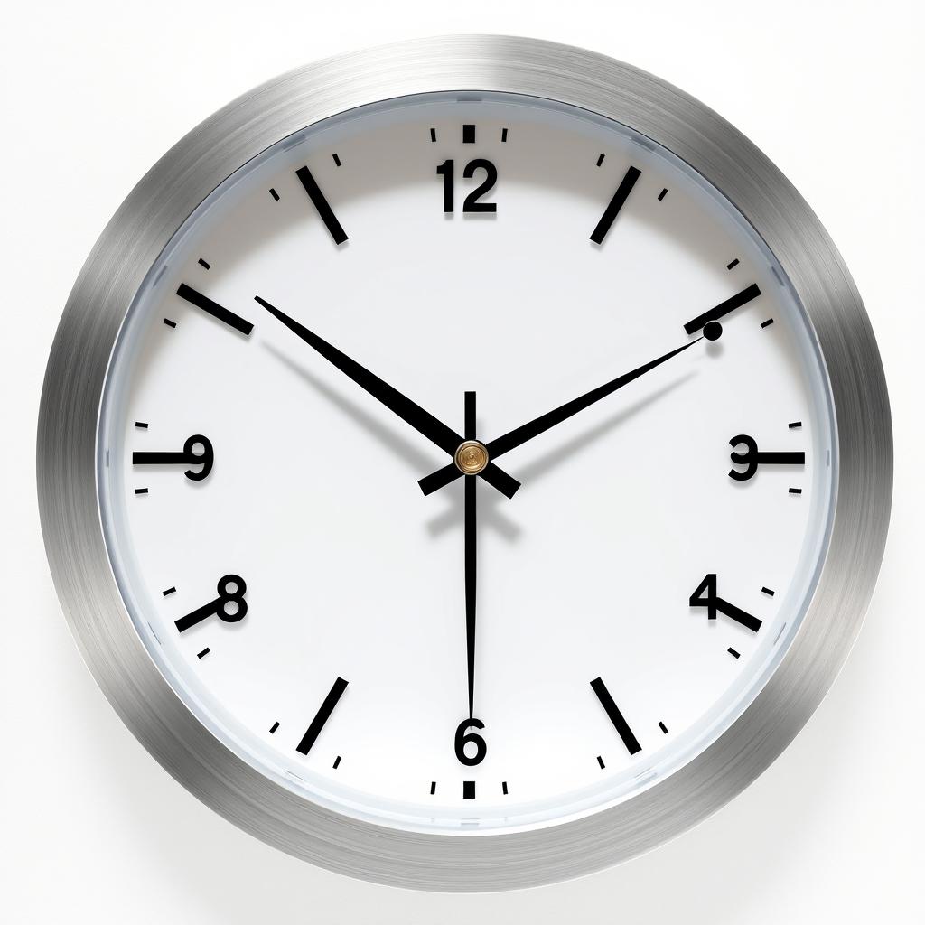 A modern clock design featuring only the numbers 12, 3, 6, and 9, depicting the time as one minute before 6:00