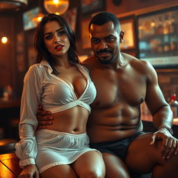 A full-length intimate photo shoot featuring a stunning 23-year-old Arab woman in a transparent white wet shirt and a microskirt, showcasing her sexy boobs, hot navel, and seductive thighs