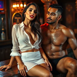 A full-length intimate photo shoot featuring a stunning 23-year-old Arab woman in a transparent white wet shirt and a microskirt, showcasing her sexy boobs, hot navel, and seductive thighs