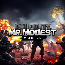 A striking profile banner for a Call of Duty Mobile streaming channel, showcasing an intense battlefield atmosphere with soldiers, modern weapons, and explosions in the background